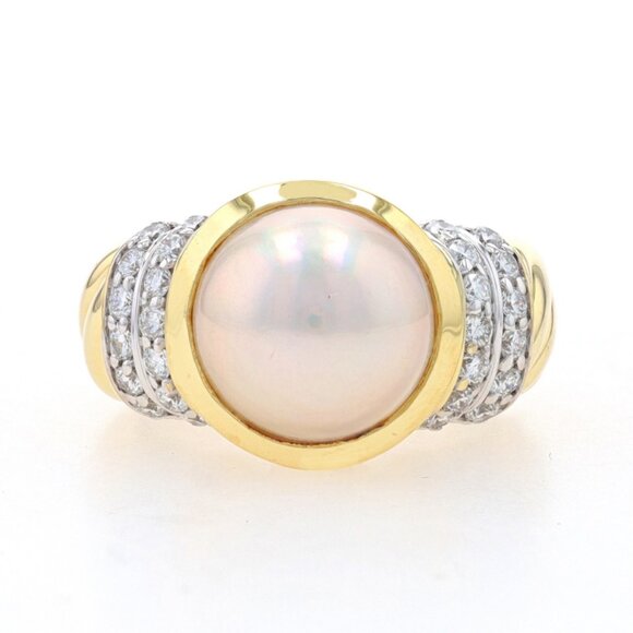 David Yurman Mabe Pearl & Diamond Ring - Yellow Gold 18k Round .60ctw Size 5 - Picture 1 of 7
